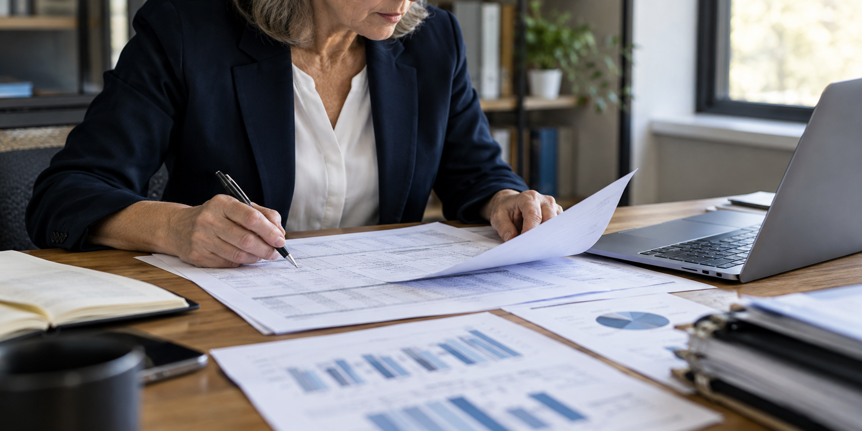 Insurance professional reviewing financial records and supporting documents
