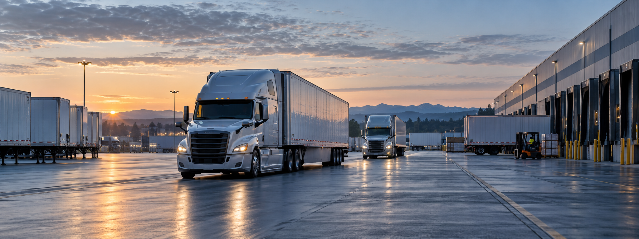 Commercial trucks moving through a North American freight terminal