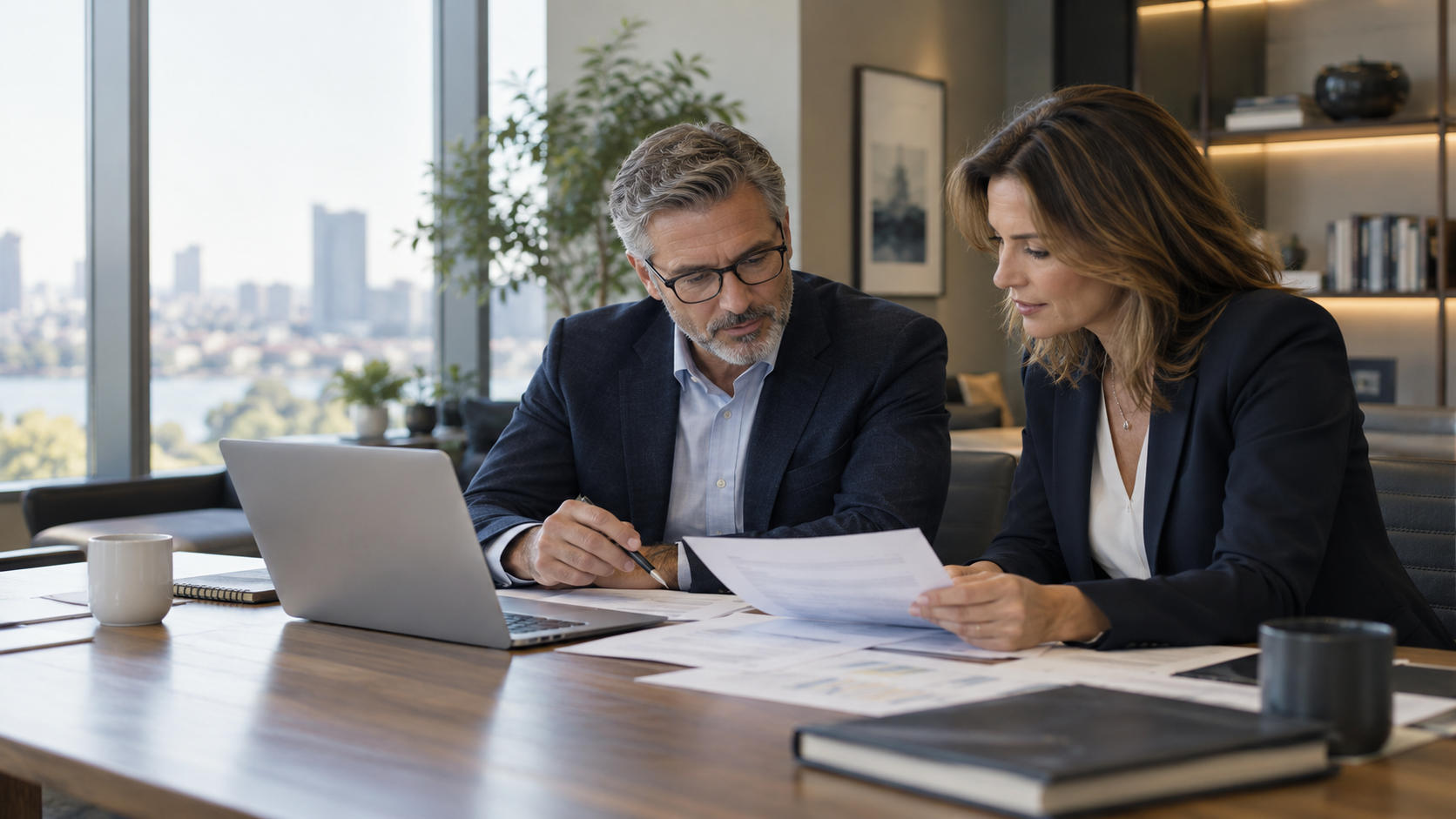Two experienced professionals reviewing program documents
